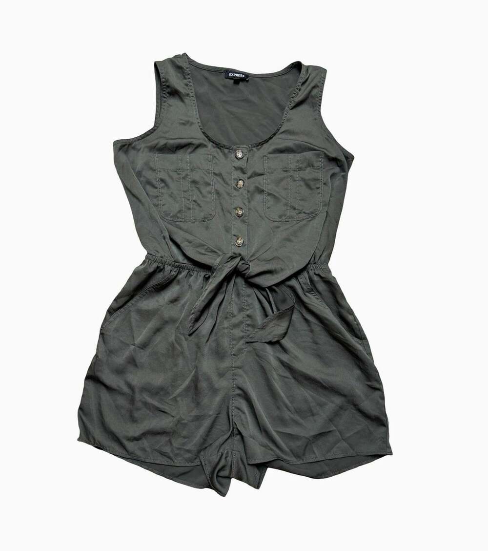Express Women’s Large Olive Green Utility Romper Sleeveless Tie Waist Shorts